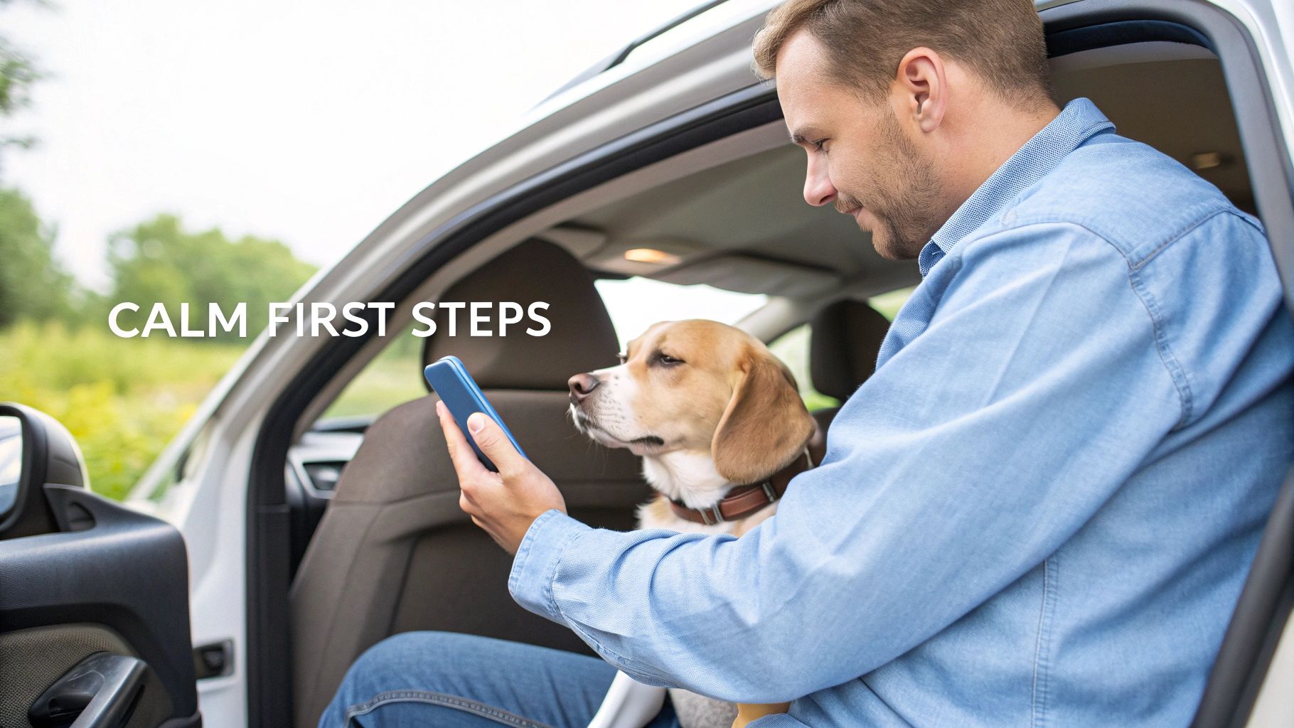 A man and his beagle dog sit calmly in a car, looking at a blue smartphone.
