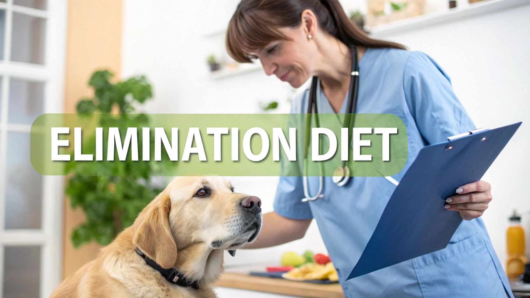 A female veterinarian with a stethoscope and clipboard interacts with a Golden Retriever about an elimination diet.
