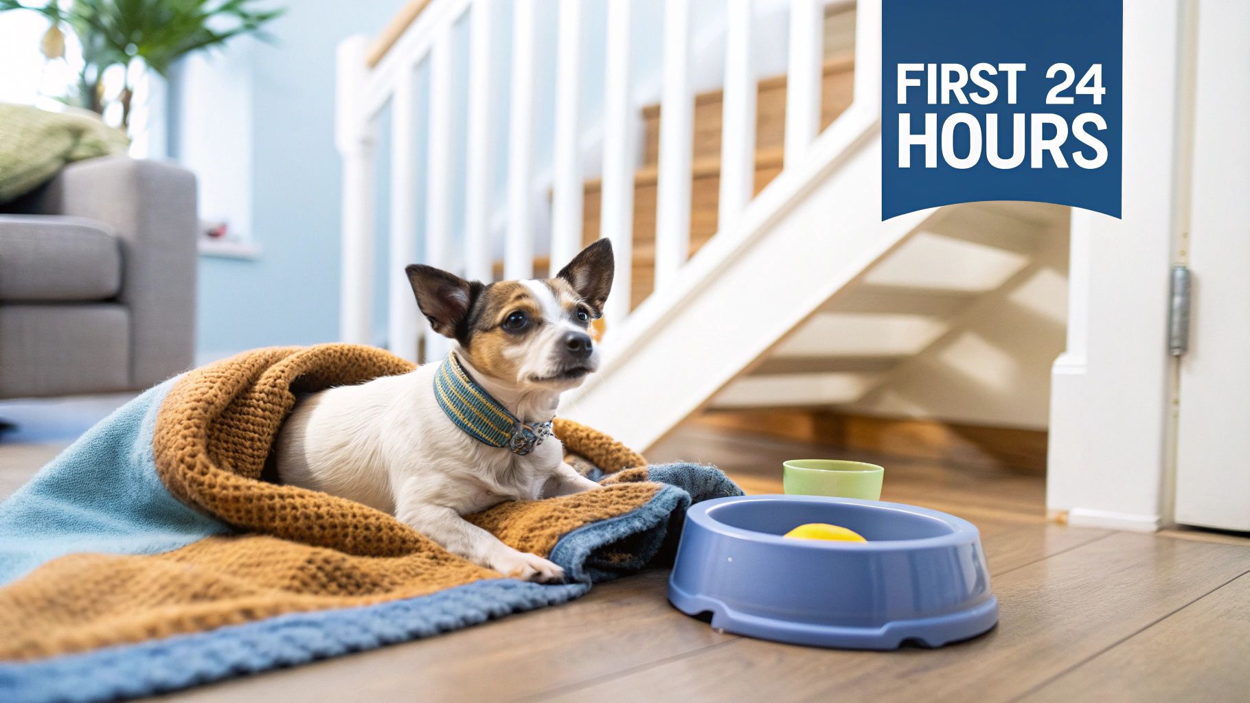 A small dog wrapped in a cozy blanket next to its pet bowl on a wooden floor.