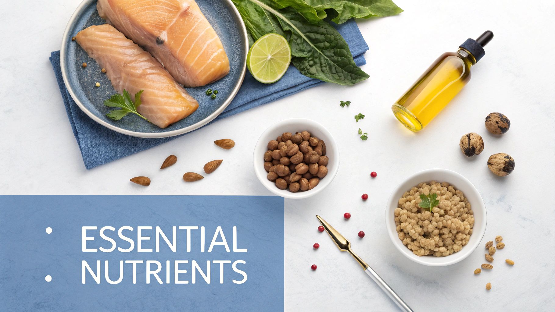 A top-down view of salmon, nuts, seeds, and healthy greens on a white background, labeled 'Essential Nutrients'.