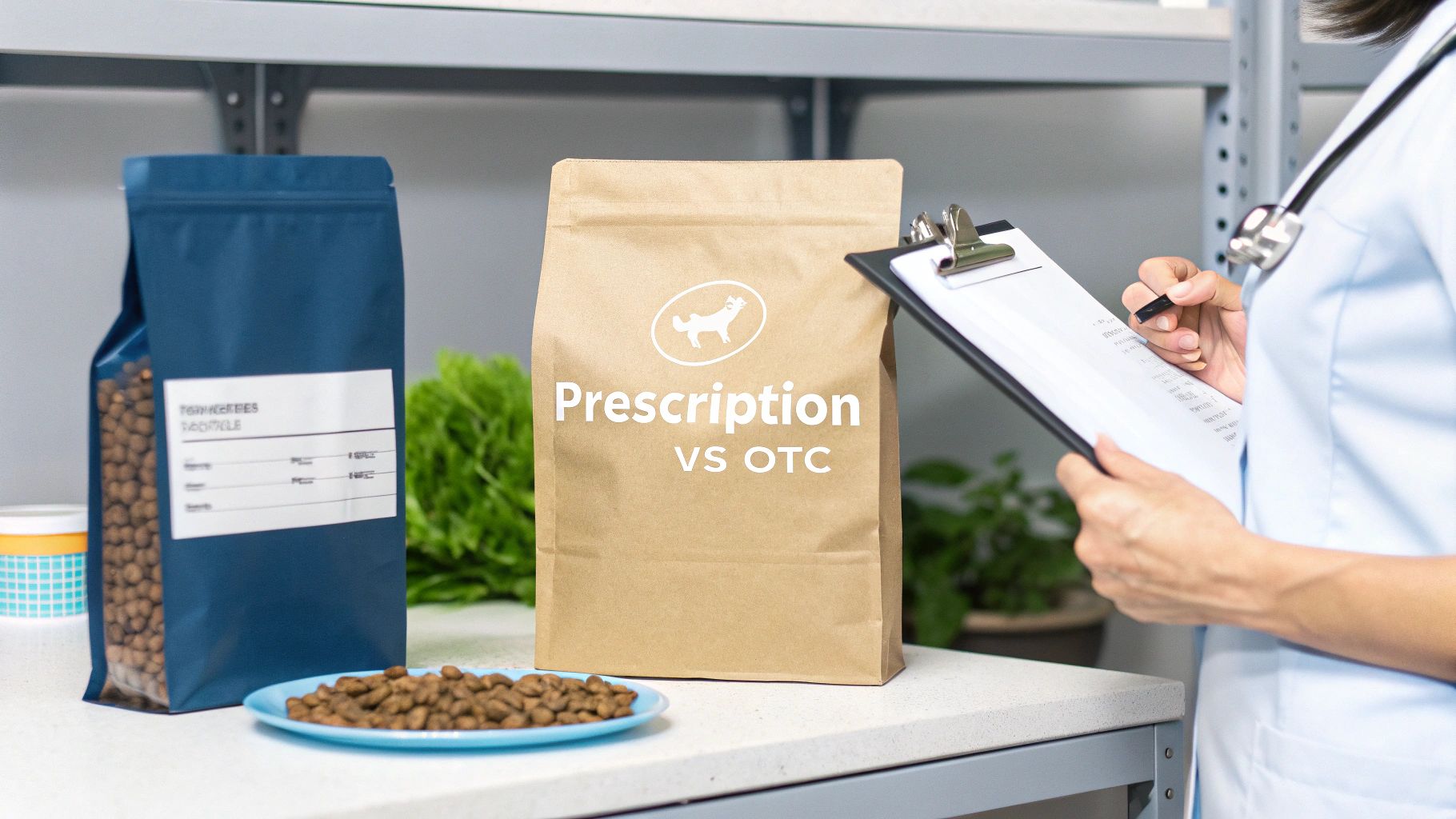 A veterinarian reviews pet food options, including prescription and over-the-counter varieties, for a dog's diet.