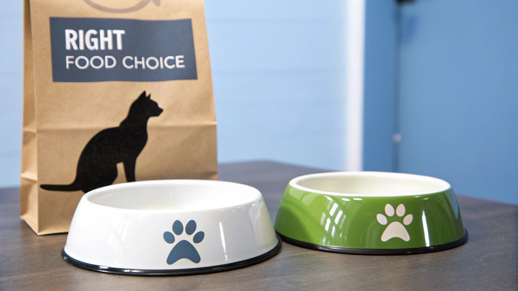 A brown paper bag of cat food labeled 'RIGHT FOOD CHOICE' next to two ceramic pet bowls with paw prints.