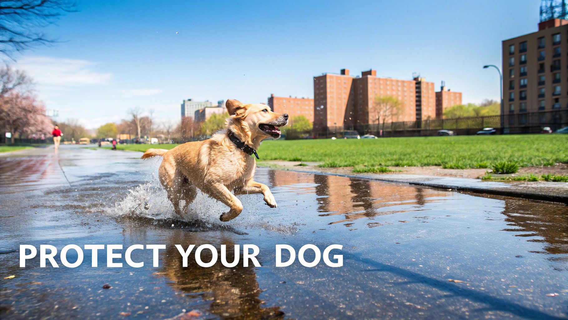 A happy golden retriever dog splashes through a large puddle on a sunny day in an urban park.