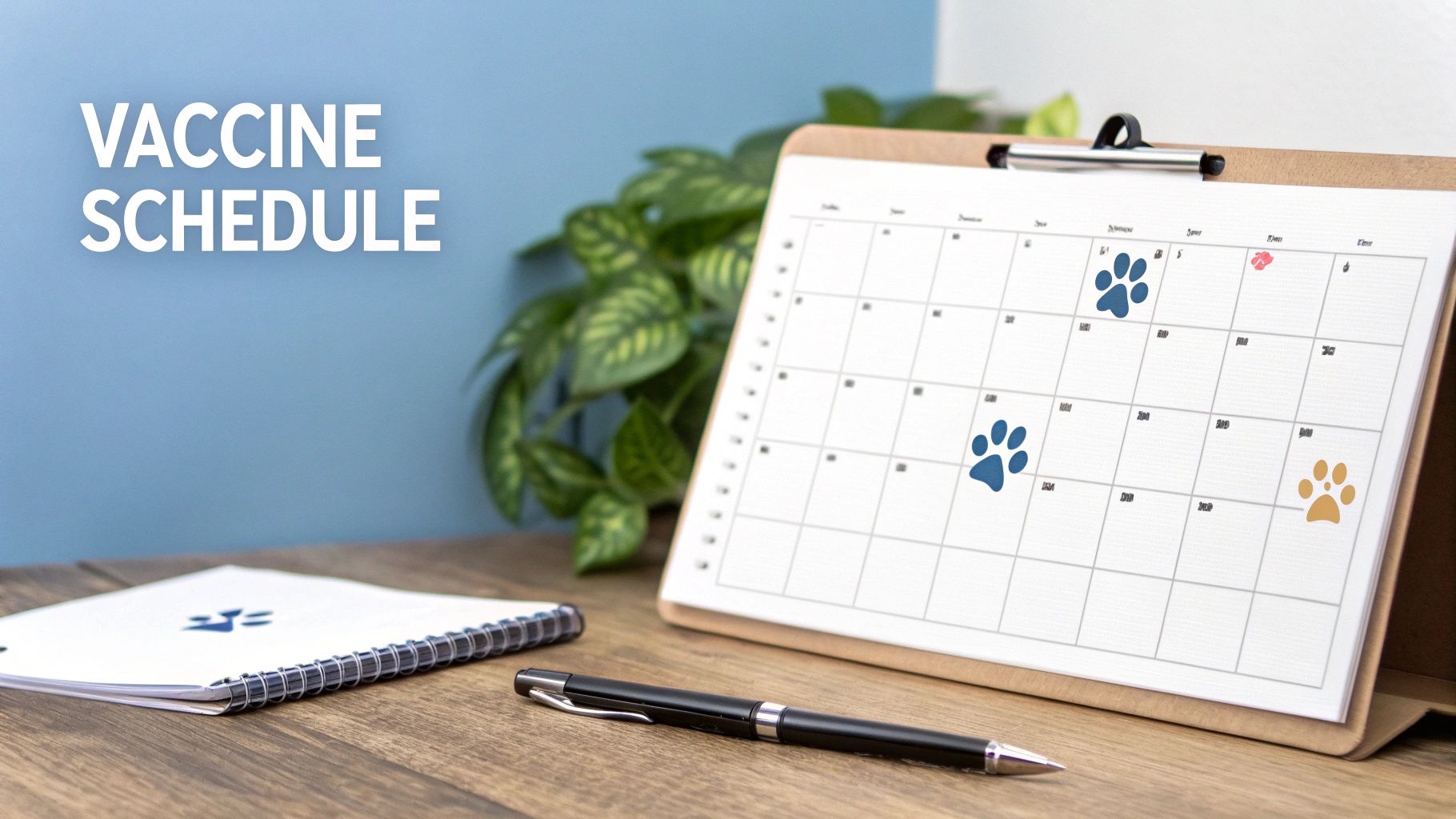 A calendar showing a pet vaccine schedule with paw print markings, next to a notebook and pen.