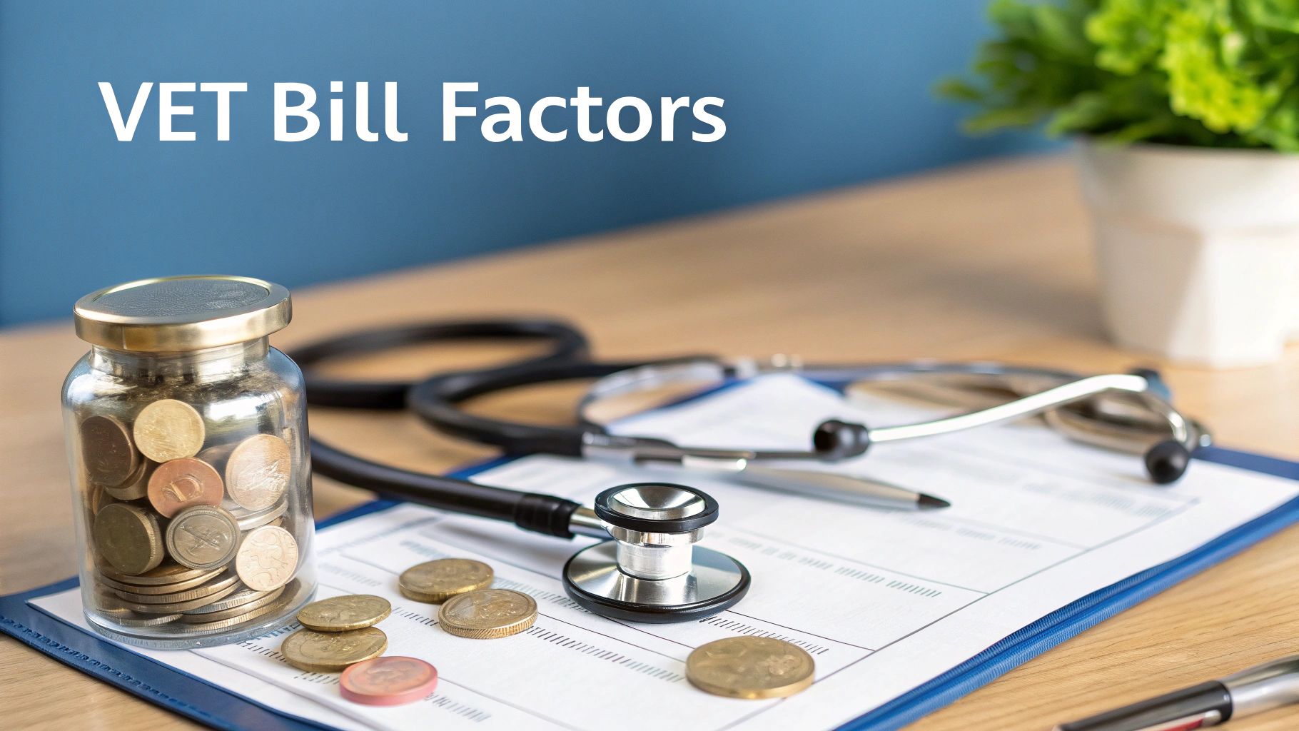 A glass jar of coins, a stethoscope, and a document on a desk with text 'VET Bill Factors'.