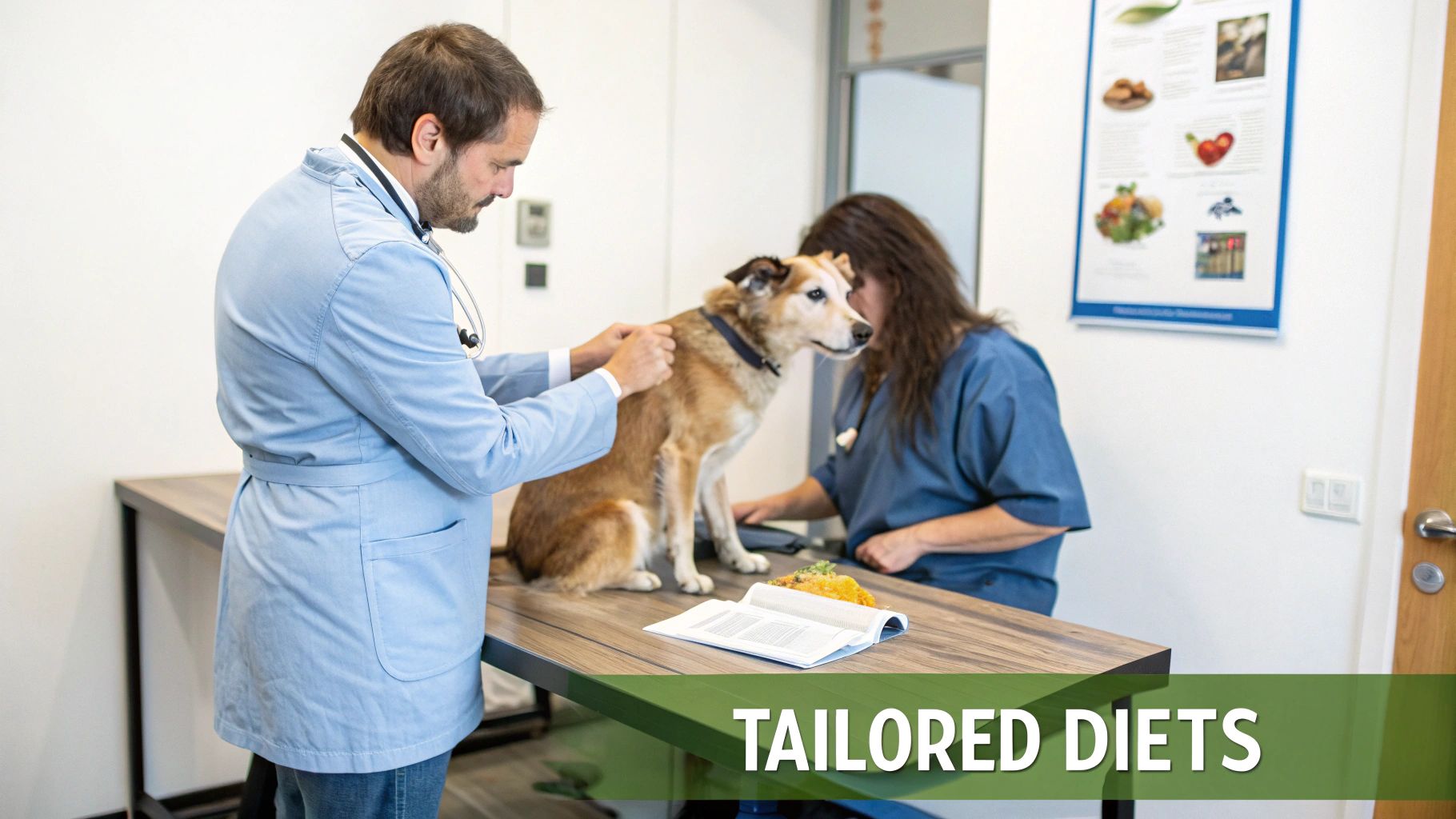 A male veterinarian examines a light brown dog on a table while an assistant watches, discussing tailored diets.