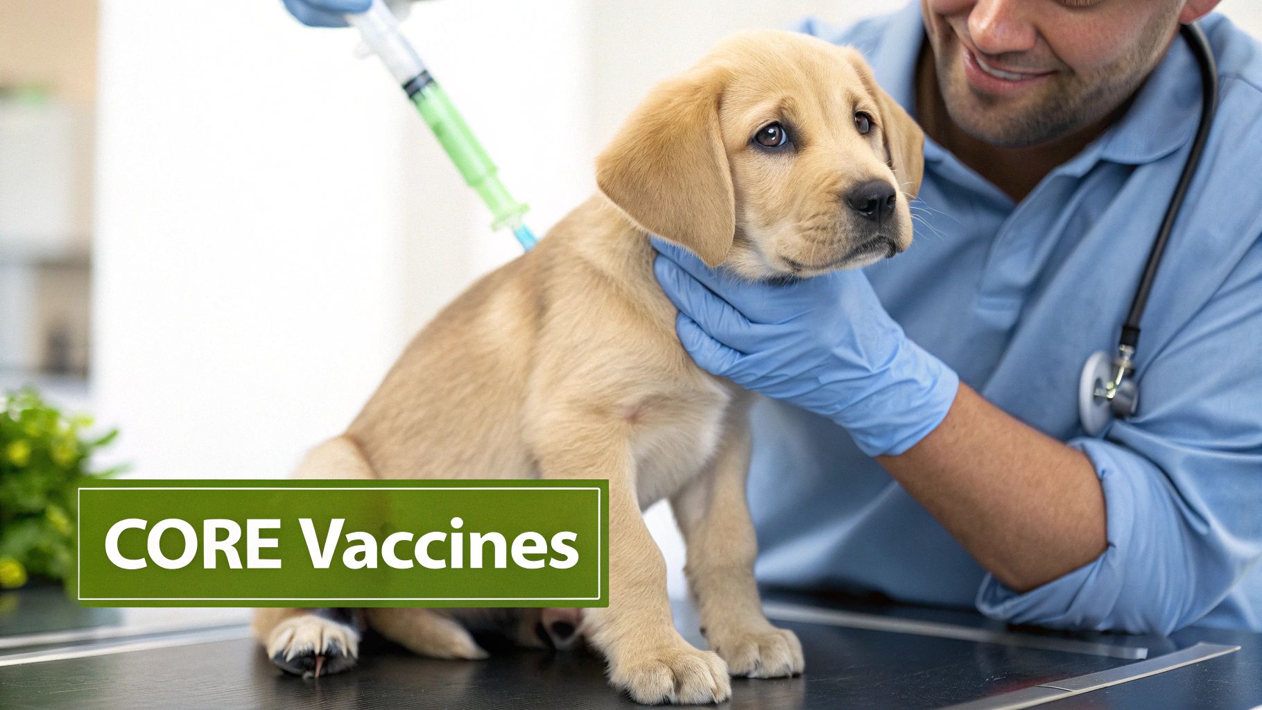 Close-up of a smiling vet in blue gloves giving core vaccines to a small, light-brown puppy.