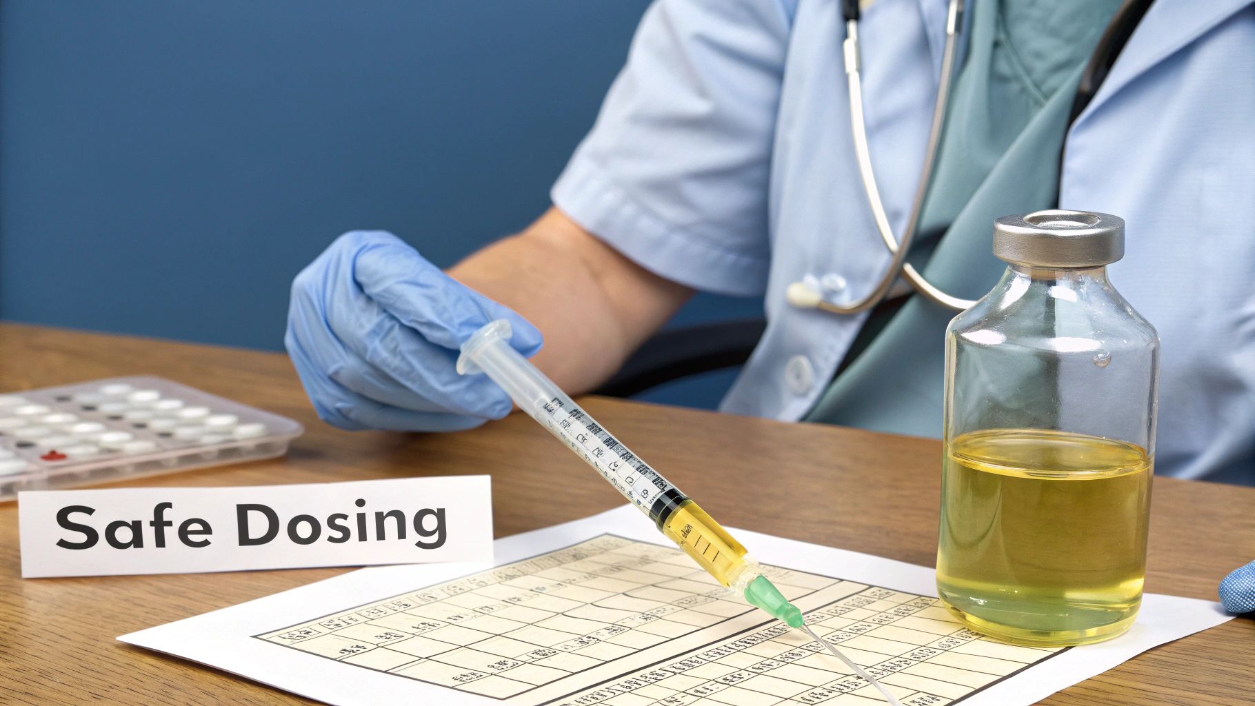 A medical professional in gloves preparing medication with a syringe and vial, emphasizing safe dosing.