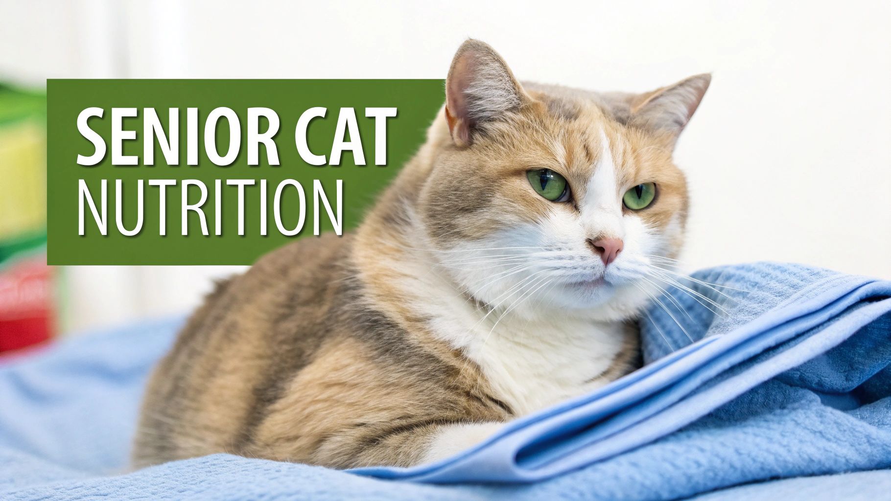 A calico senior cat with green eyes resting on a blue blanket. Text: Senior Cat Nutrition.