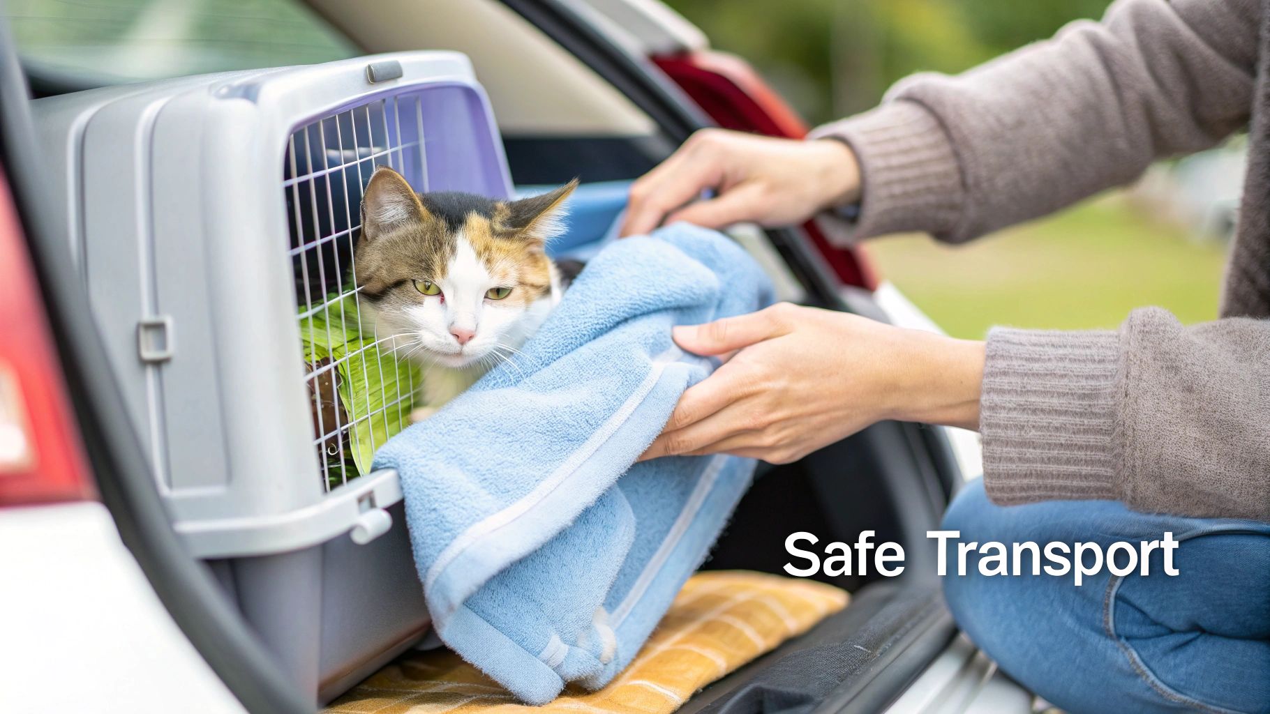 A person places a towel near a calico cat in a pet carrier in a car trunk for safe transport.