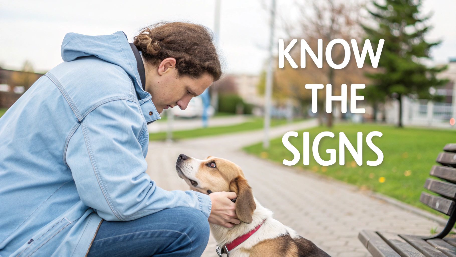 A man gently pets his dog, a beagle mix, on a park path, with 'KNOW THE SIGNS' text overlay.