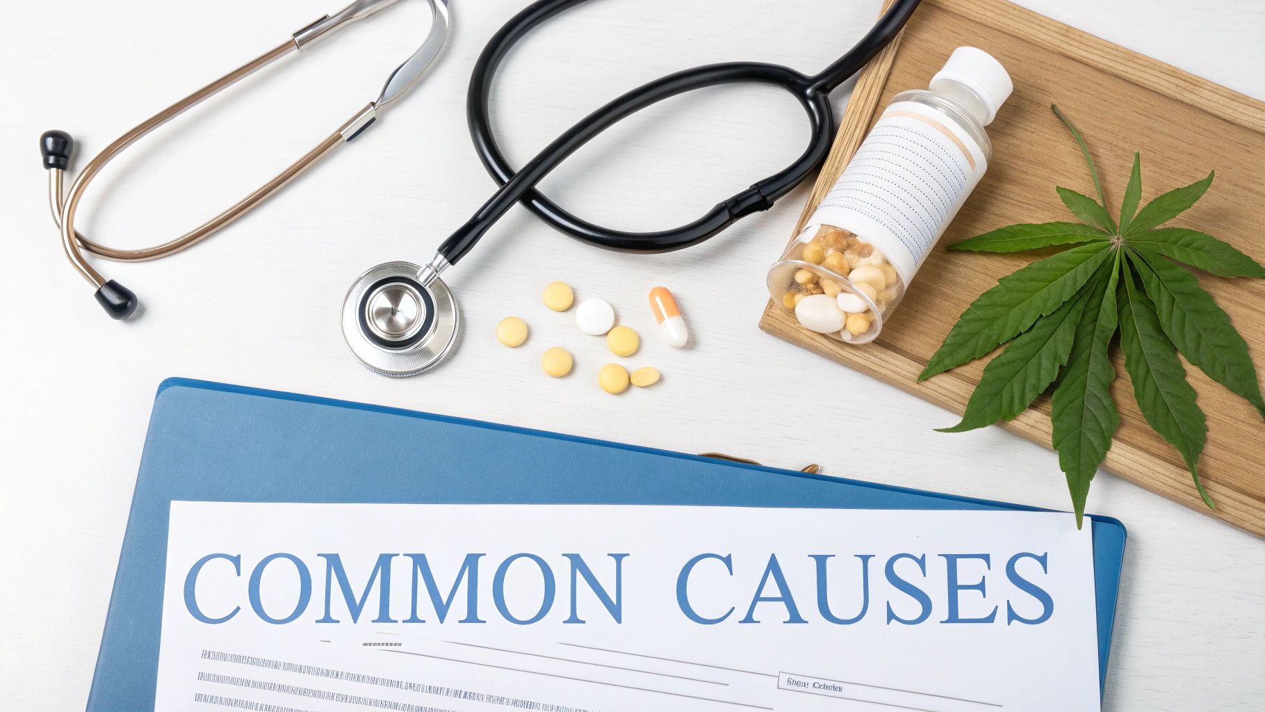 A stethoscope, various pills, a cannabis leaf, and a document titled 'COMMON CAUSES' on a white table.