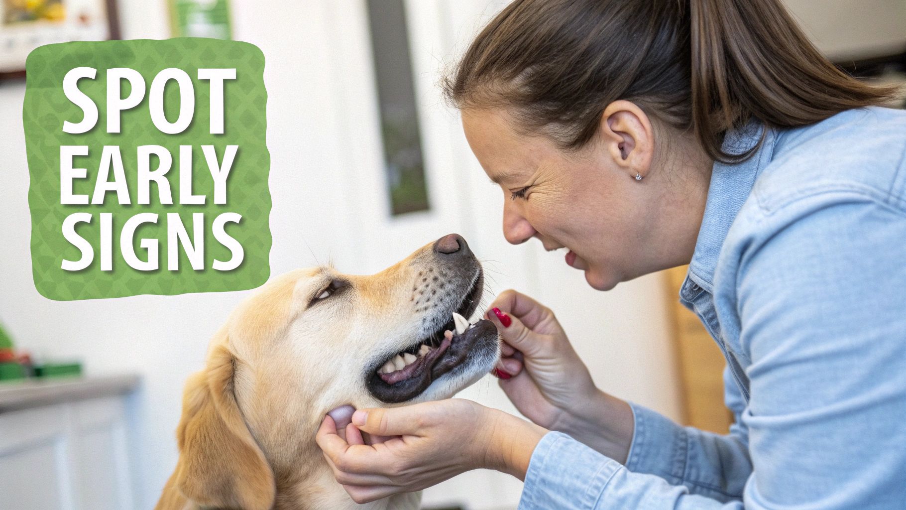A smiling woman gently examines a golden retriever's teeth, with the text 'SPOT EARLY SIGNS' overlayed.