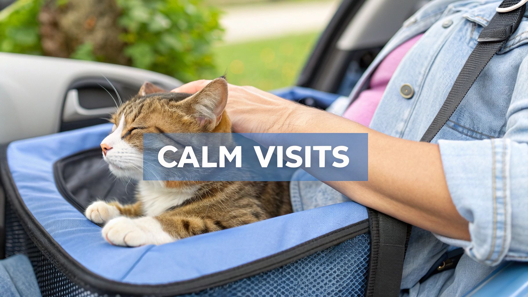 A person gently pets a calm tabby cat resting comfortably in a blue carrier inside a car.