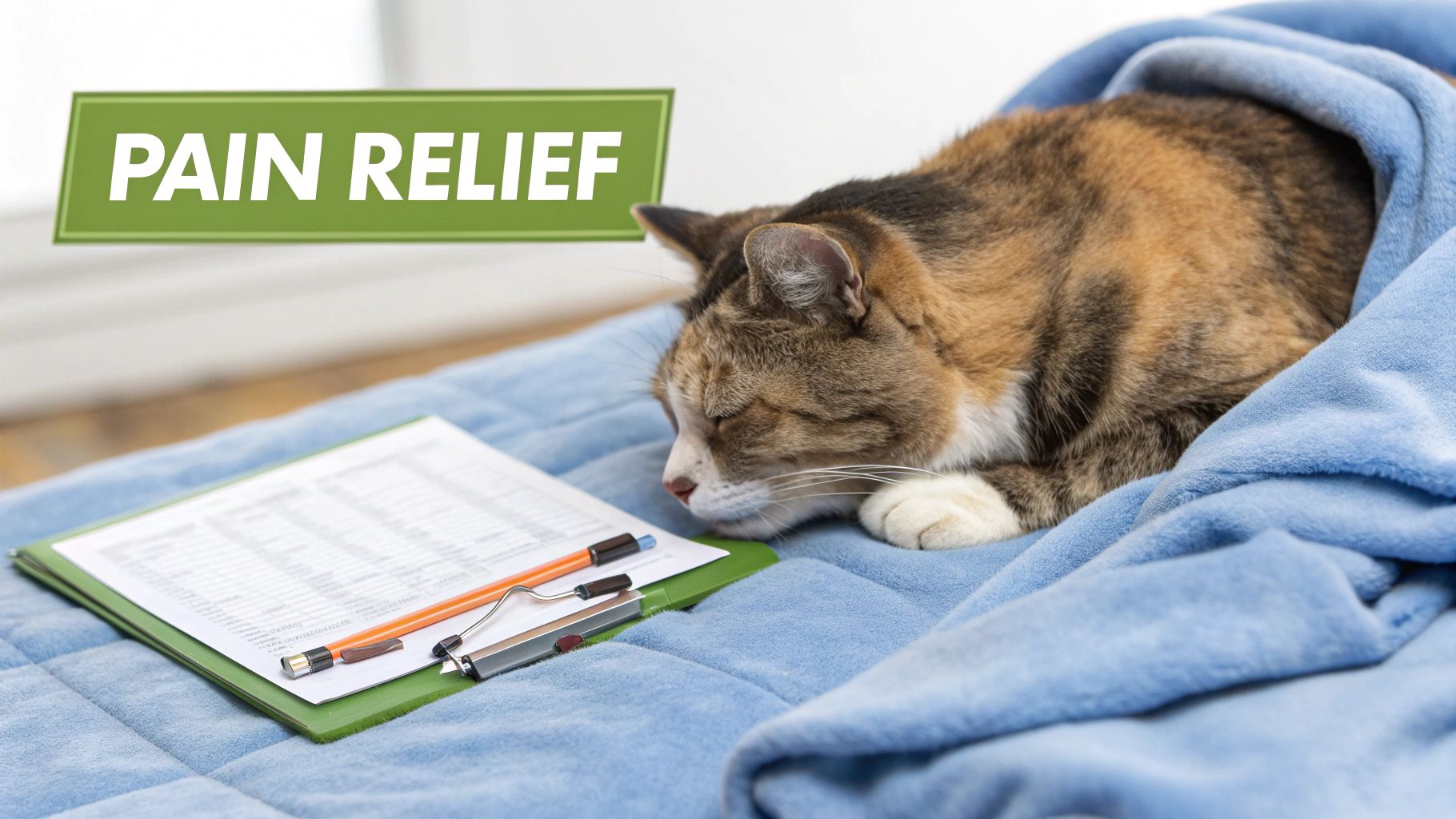 A domestic cat sleeps peacefully under a blue blanket next to a clipboard, with a 'PAIN RELIEF' banner.