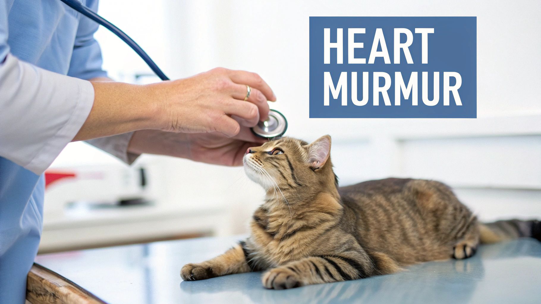 A veterinarian uses a stethoscope to examine a tabby cat's heart on a white examination table.