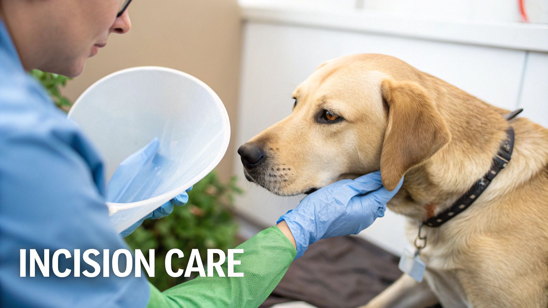 A person in medical gloves gently cares for a yellow labrador dog, possibly for incision care.