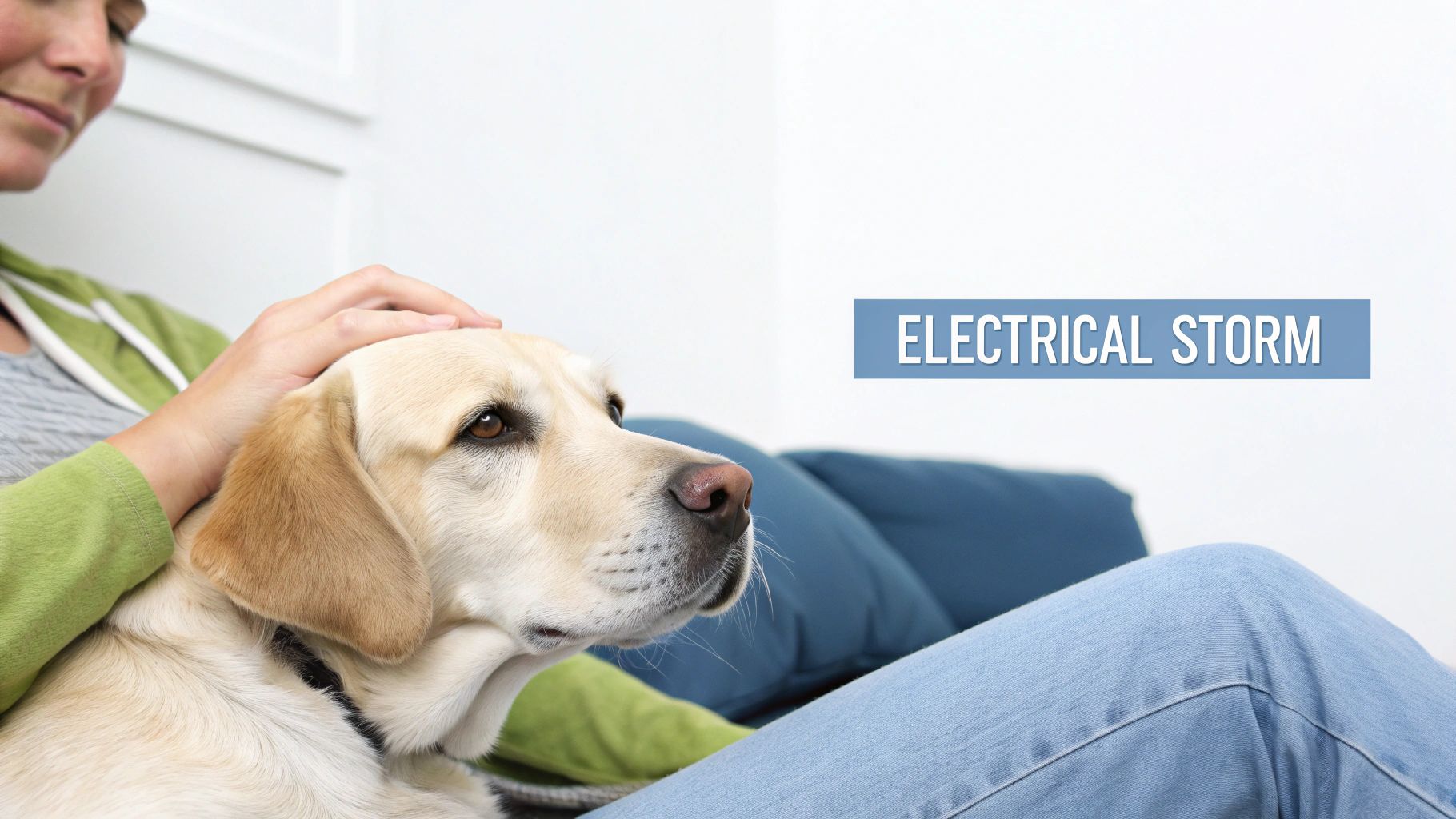A person comforts their loyal dog on a couch, with "ELECTRICAL STORM" overlaid on the image.