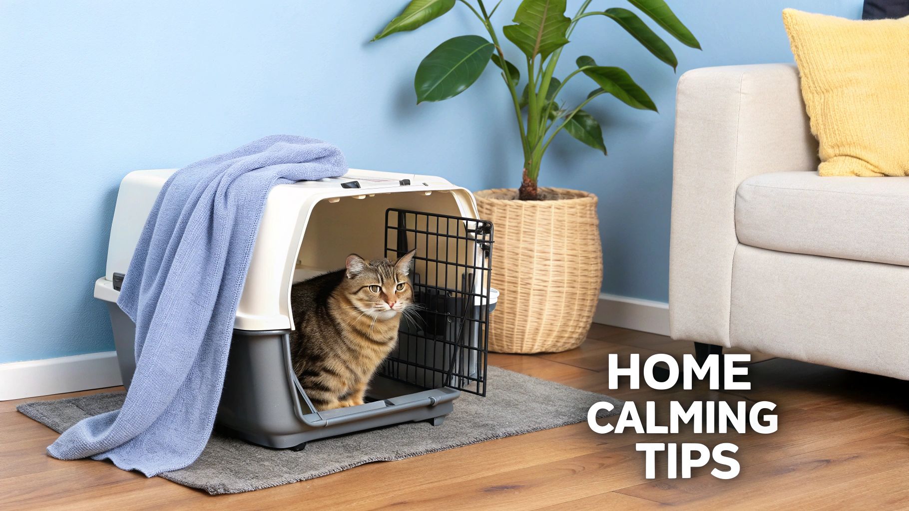 A tabby cat sits comfortably in an open pet carrier with a blue blanket, suggesting home calming tips.