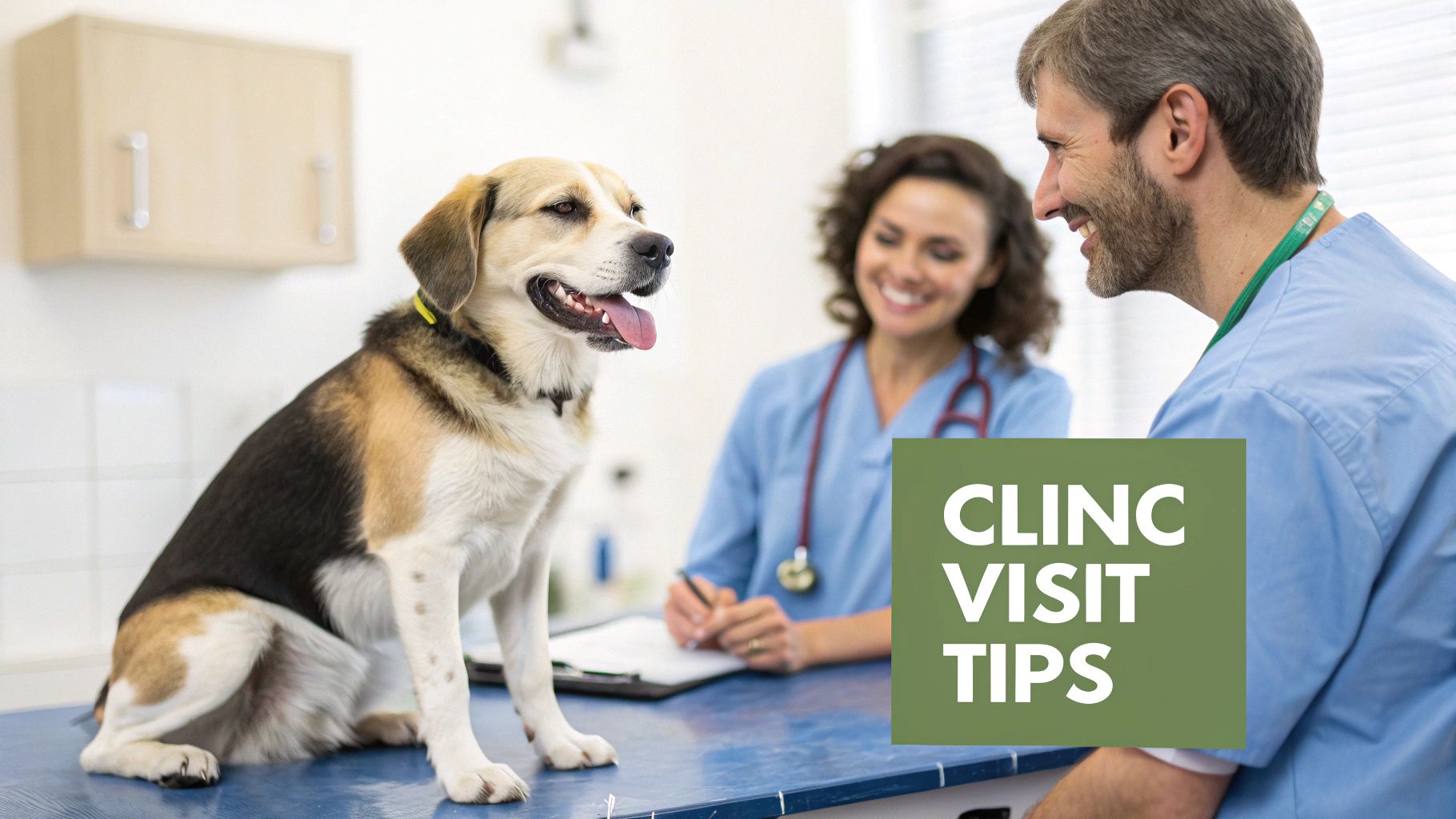 A happy dog sits on an examination table at a vet clinic with two smiling veterinarians in the background.