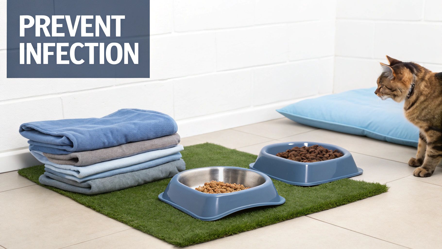Two pet food bowls and stacked blankets on a green mat, with a cat and text 'PREVENT INFECTION'.