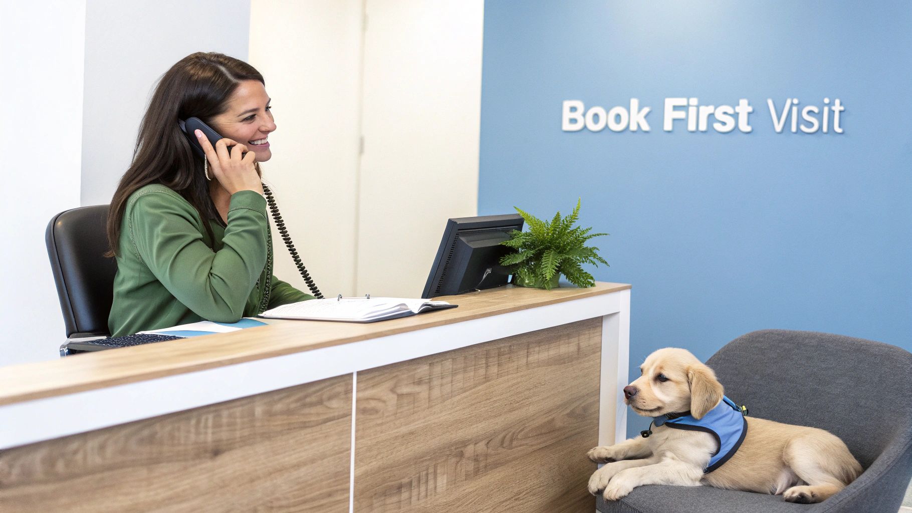 A smiling receptionist talks on the phone at a front desk, with a golden retriever puppy on a chair.