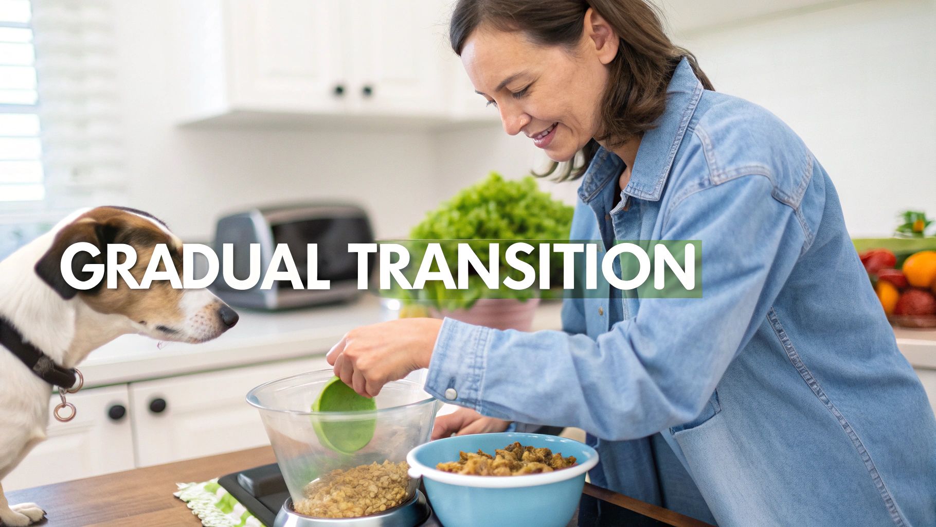 A woman measures food into a bowl for her dog, with 'GRADUAL TRANSITION' text overlay.