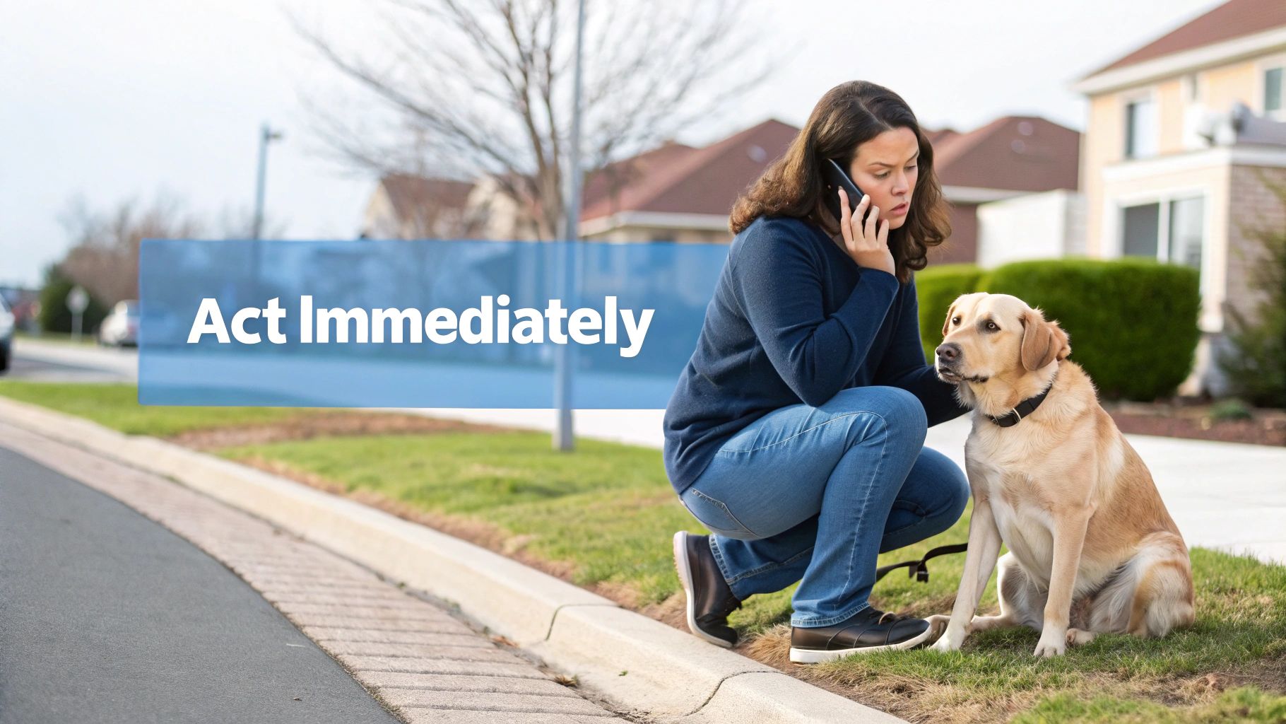 A concerned woman on the phone, crouching next to her golden retriever, with 'Act Immediately' overlay.