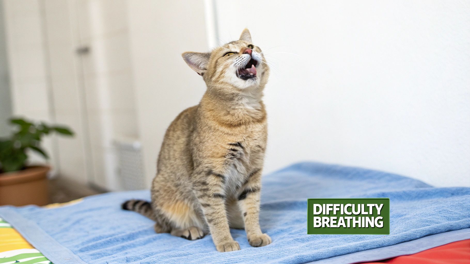 A light brown tabby cat with its mouth open and head tilted back, appearing to gasp or cough, on a blue towel.