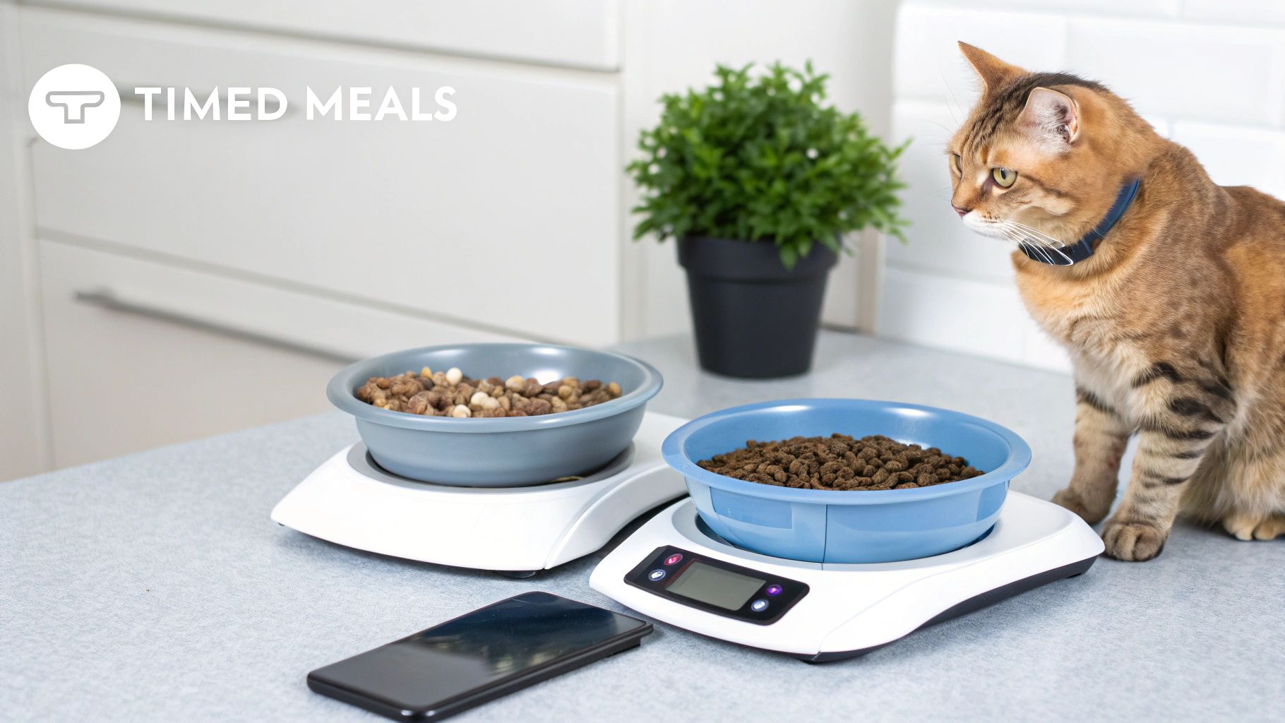 A domestic cat looks at two smart feeders with food, suggesting timed pet meals.