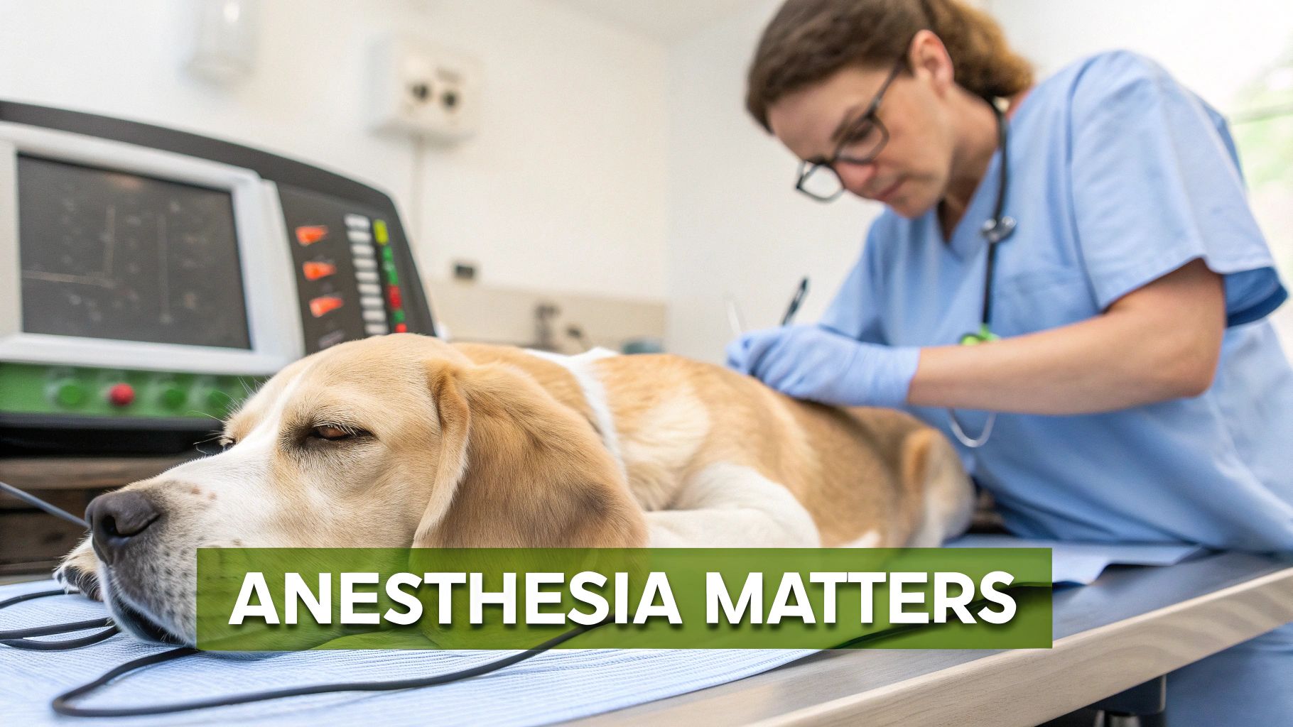 A veterinarian attends to a sedated dog lying on an examination table, with medical equipment in the background.