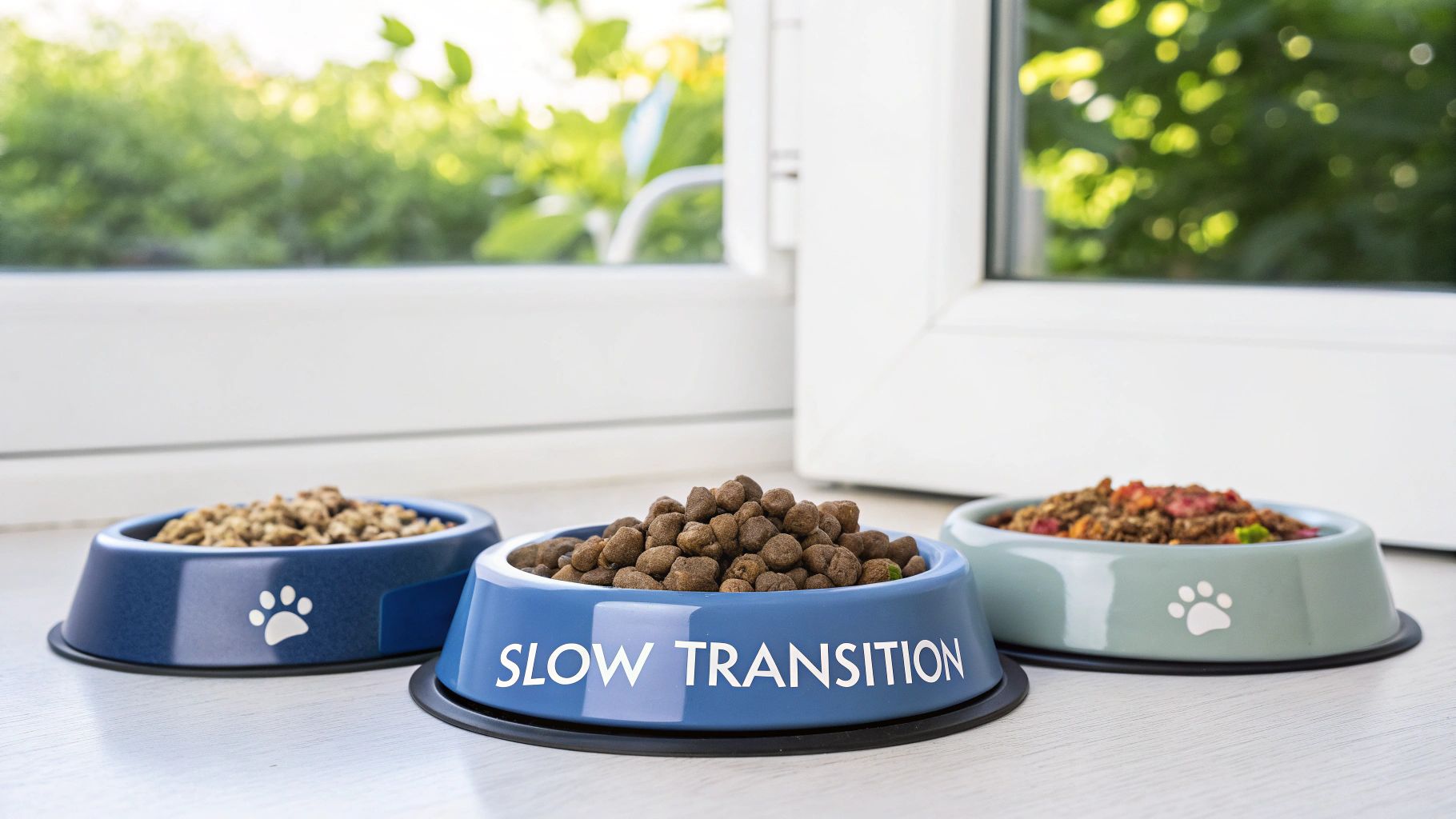 Three pet food bowls on a window sill, two with kibble and one with mixed food, one labeled 'SLOW TRANSITION'.