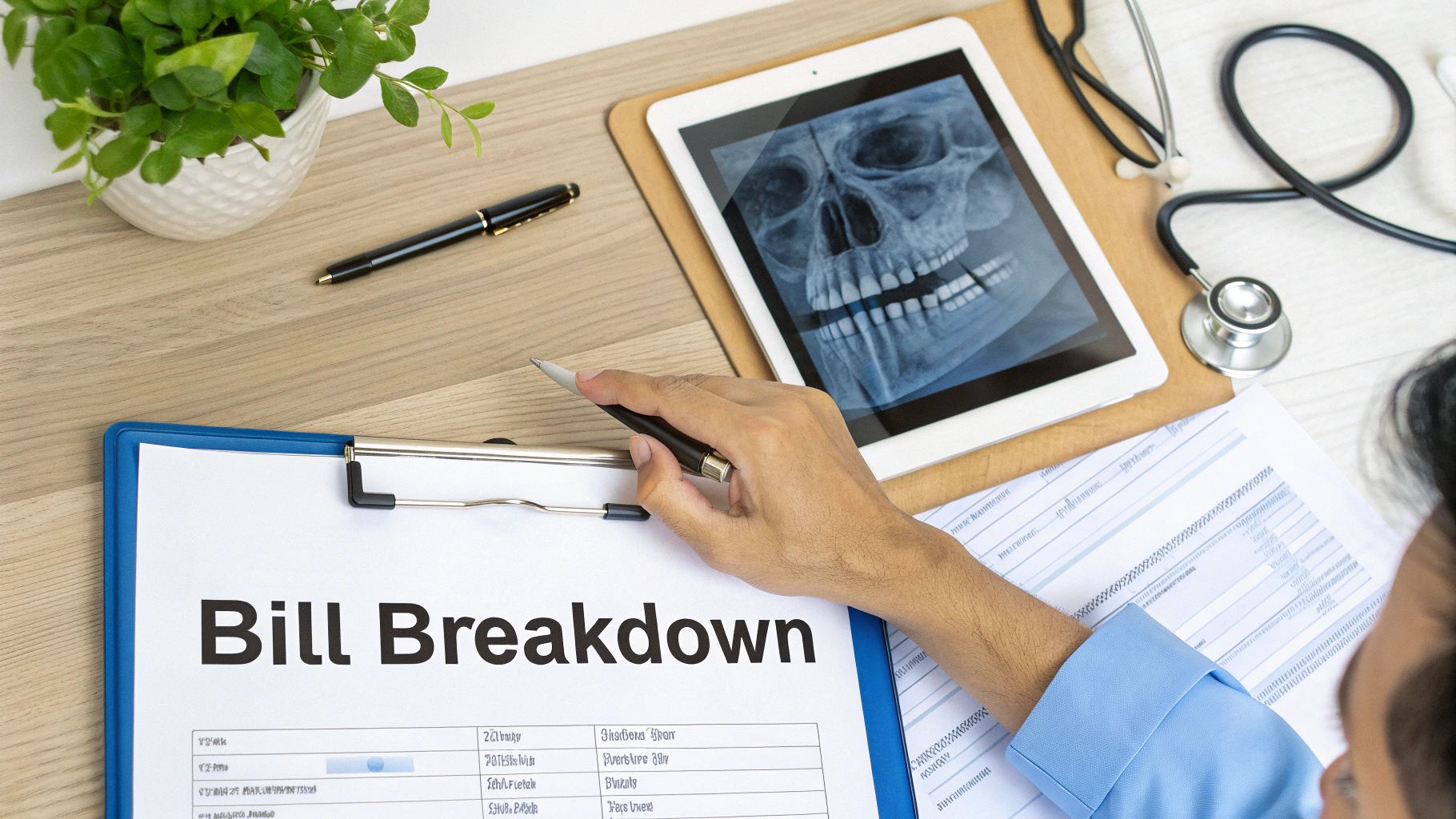 Overhead shot of a person reviewing a dental bill breakdown, with a skull X-ray on a tablet.