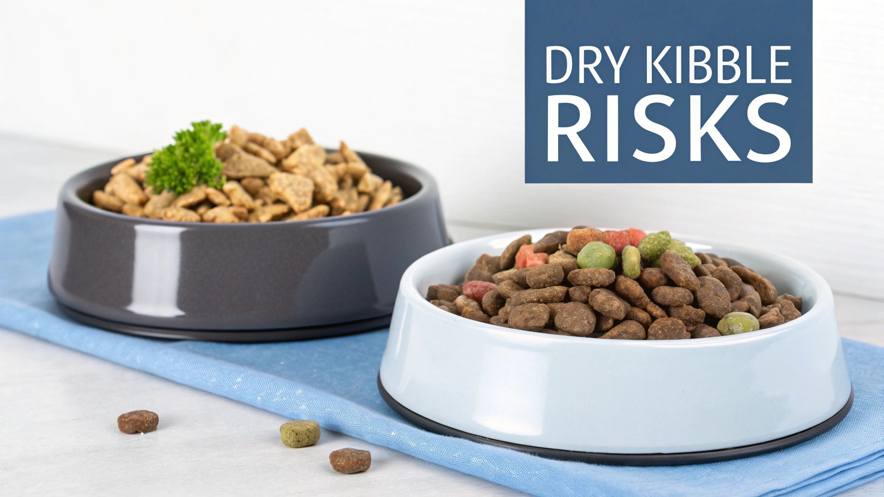 Two bowls of dry pet food, one with mixed kibble and another with brown kibble, highlighting "DRY KIBBLE RISKS".