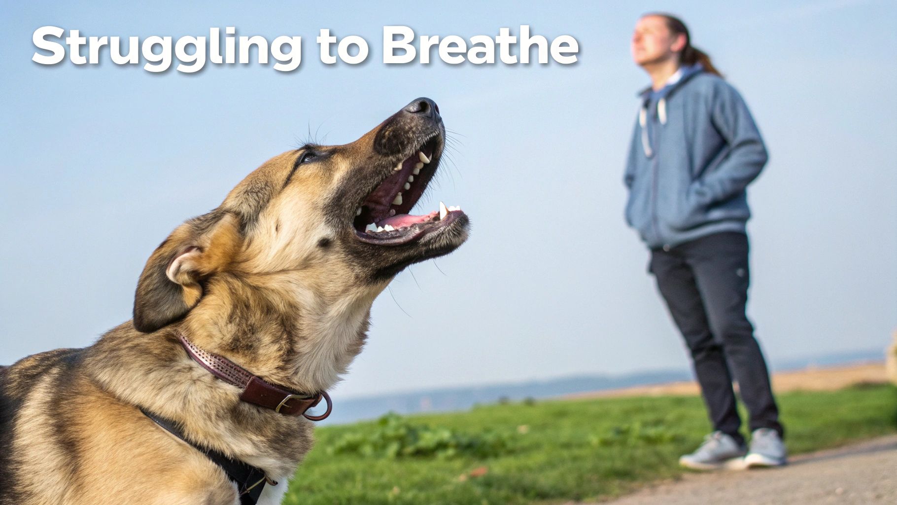 A dog with its mouth open, appearing to pant or struggle to breathe outdoors.