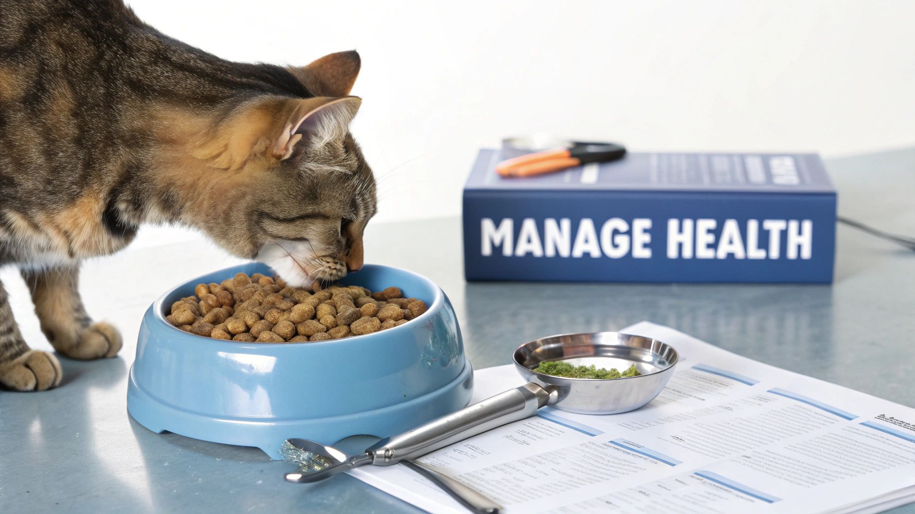 A tabby cat eats dry kibble from a blue bowl, with a 'MANAGE HEALTH' box.