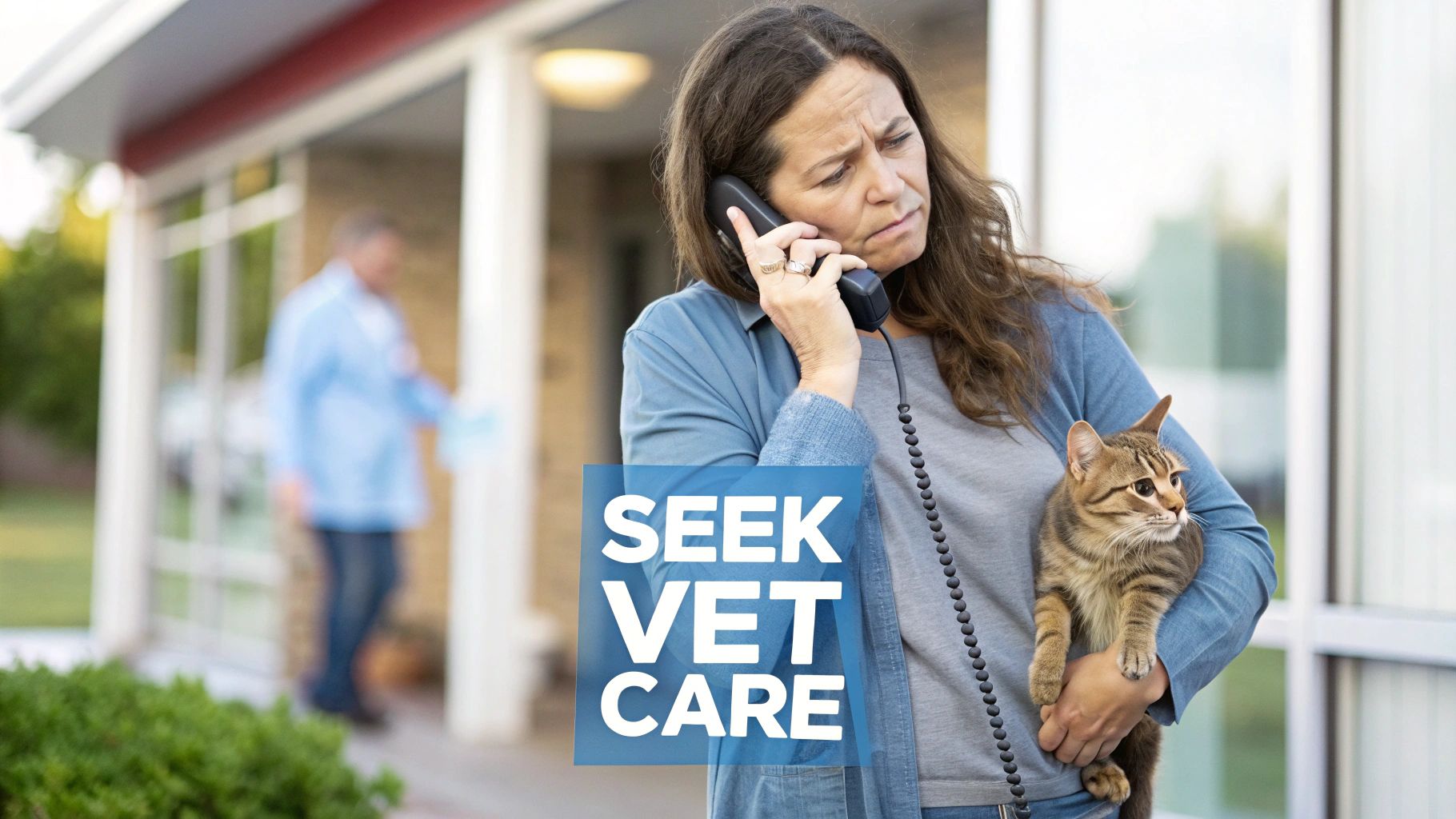 A concerned woman holds a tabby cat and talks on the phone, with a "Seek Vet Care" overlay.