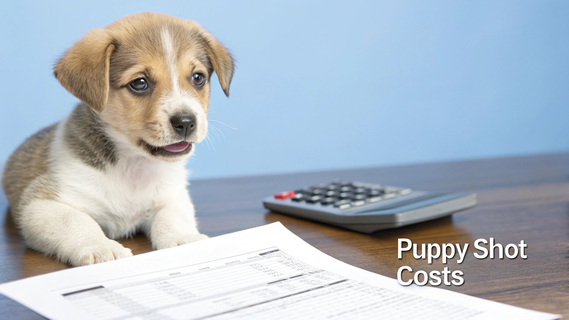 A cute puppy sits on a wooden desk with financial papers and a calculator, representing puppy shot costs.