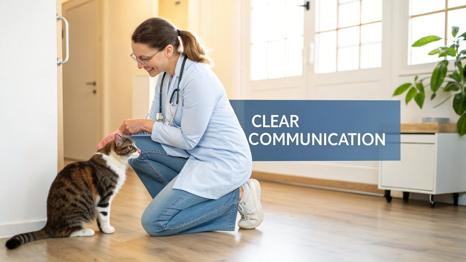 A smiling female veterinarian in a light blue uniform kneels, gently petting a tabby cat on a wooden floor.