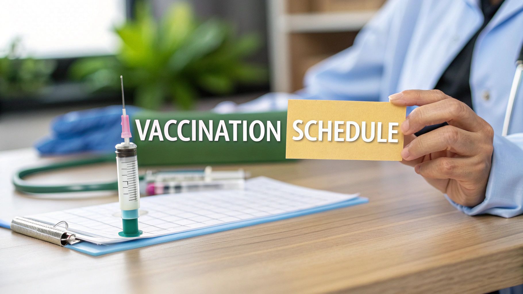Doctor holding 'SCHEDULE' card with 'VACCINATION' text, syringe, and medical forms for vaccine planning.