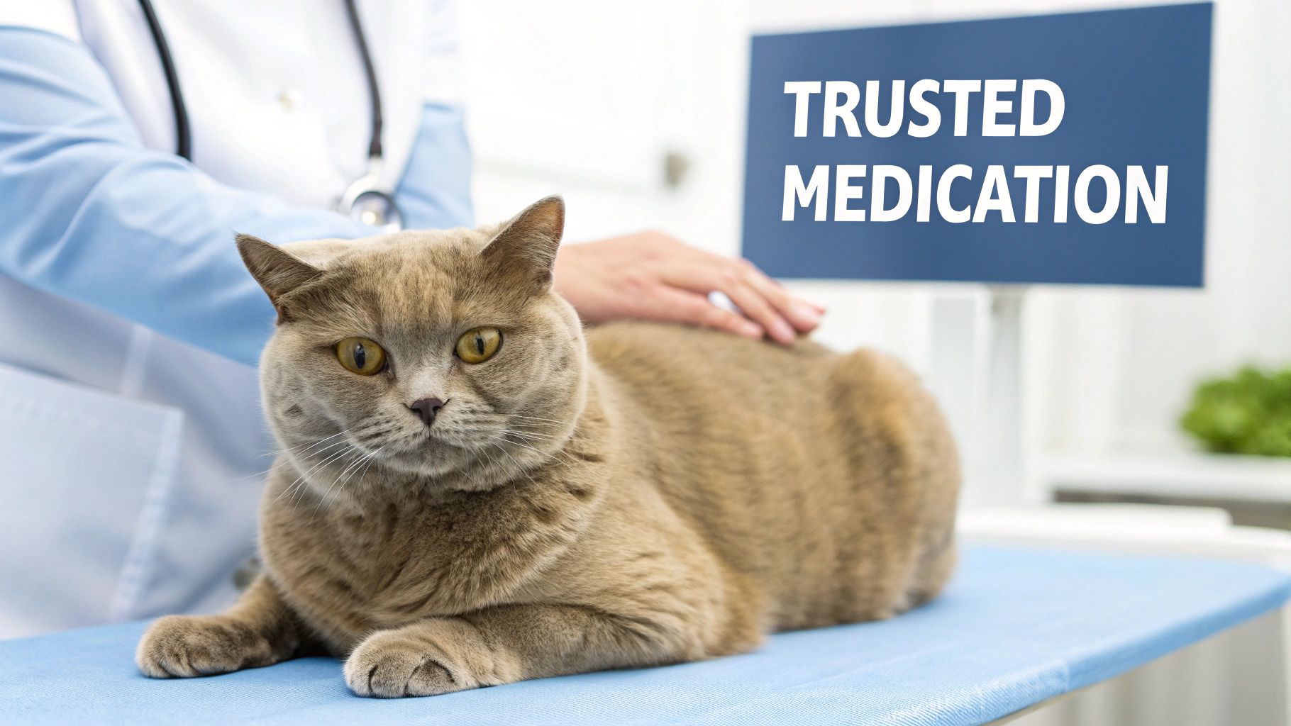 A domestic British Shorthair cat being gently petted by a veterinarian on an examination table, with a 'TRUSTED MEDICATION' sign in the background.