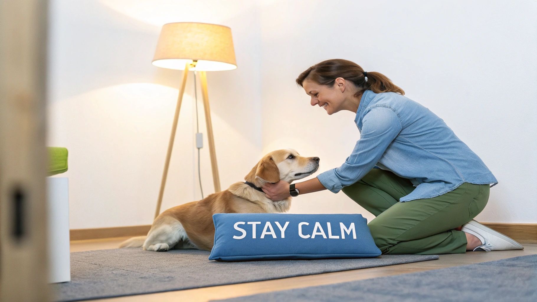 A smiling woman kneels, gently petting a golden retriever dog on a rug with a 'STAY CALM' pillow.