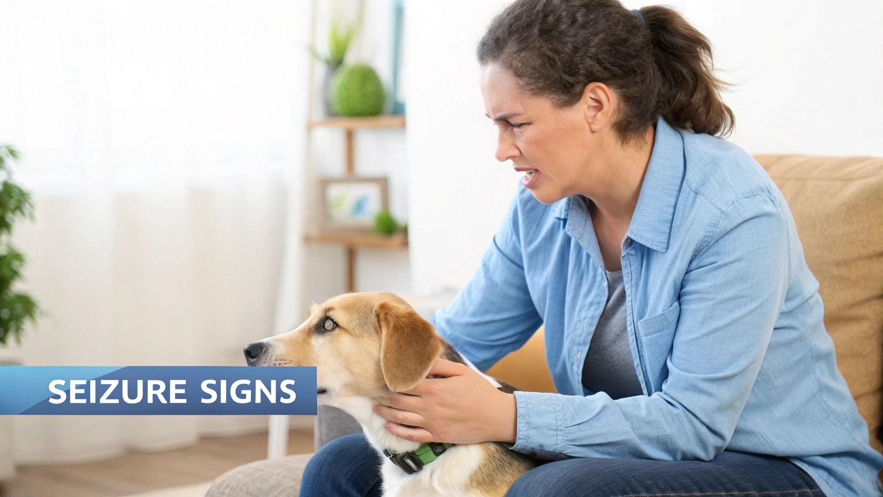 A worried woman comforts her dog with a cloudy eye, showing potential seizure signs.