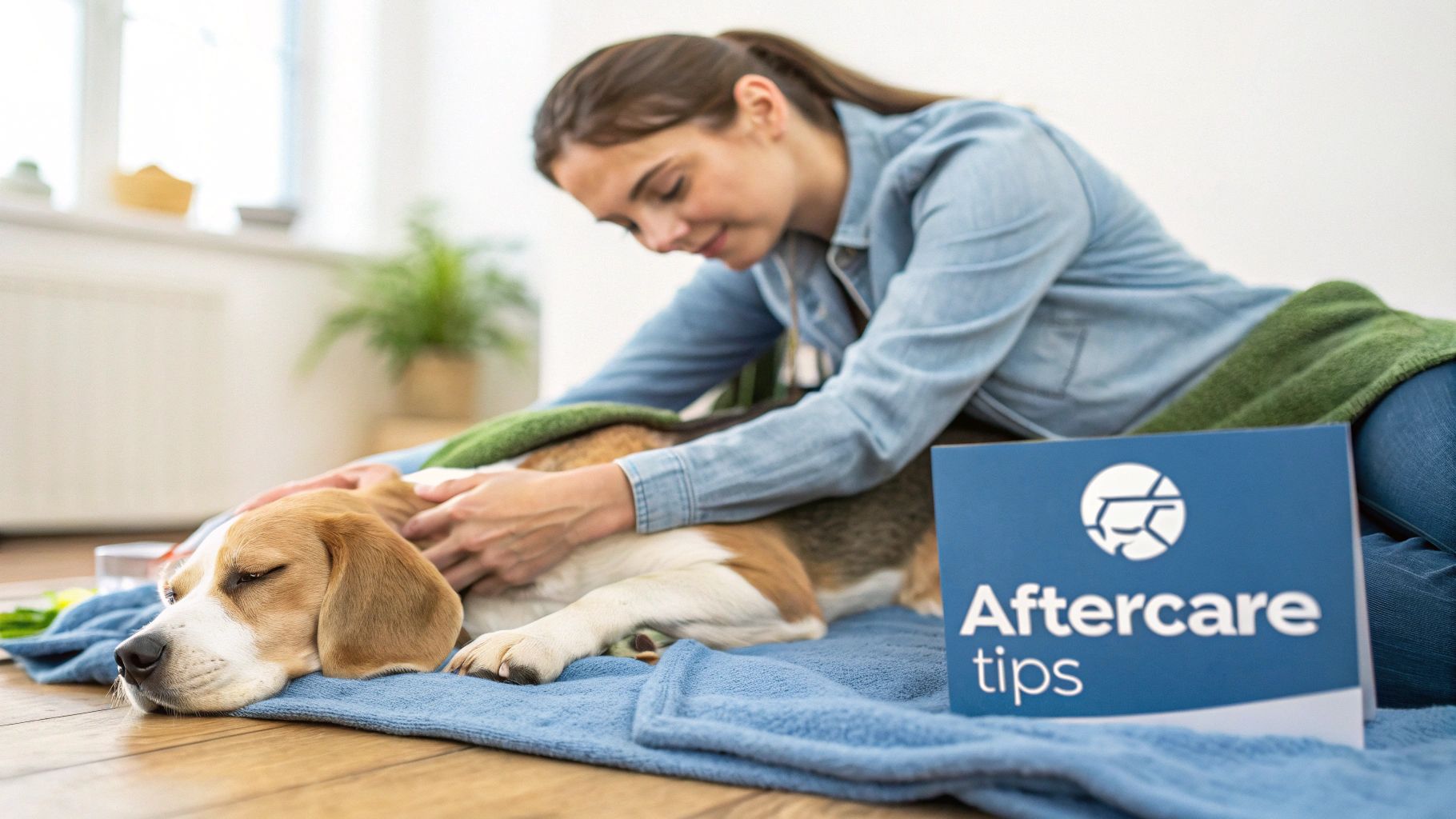 A woman gently pets a calm beagle dog resting on a blue blanket with an "Aftercare tips" booklet.