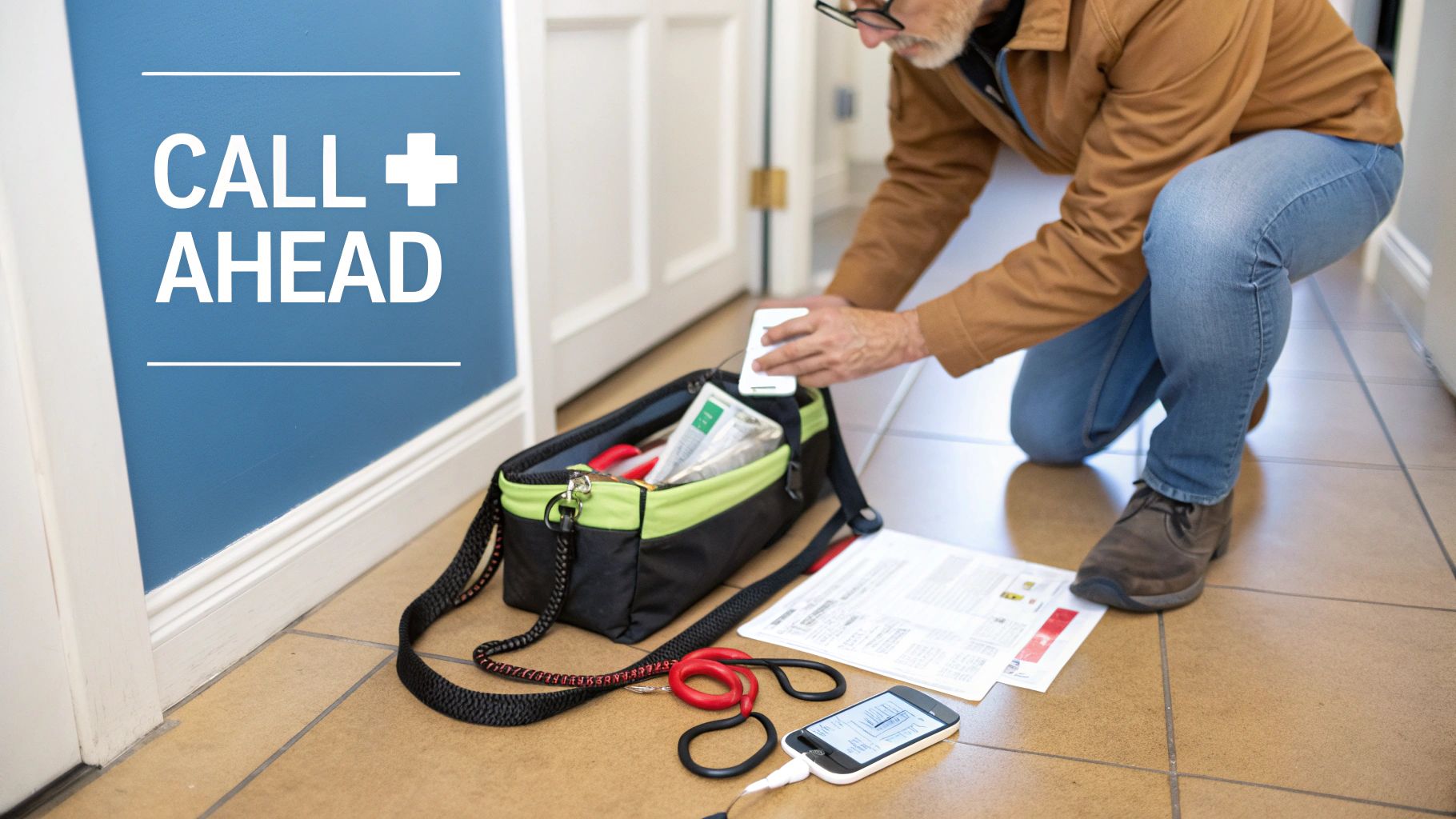 A man kneels on a tiled floor, packing a bag with a smartphone and a red dog leash nearby.
