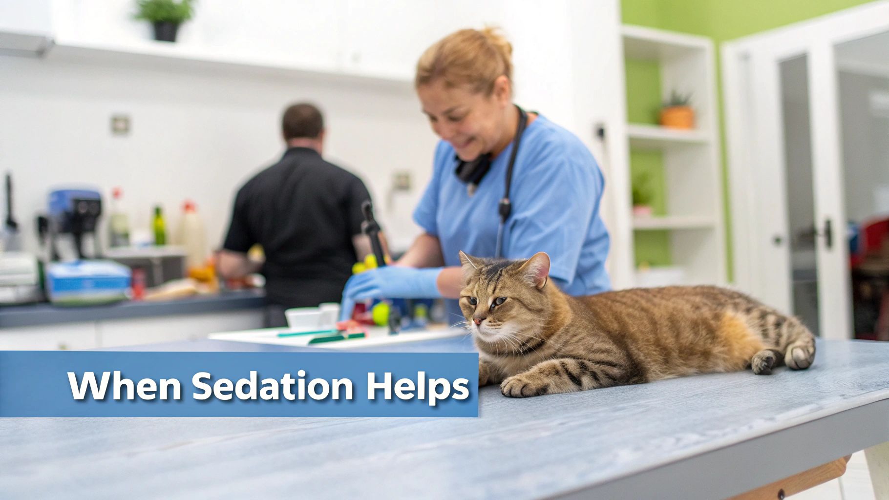 A calm tabby cat lies on an examination table at a vet clinic, with a veterinarian working in the background.