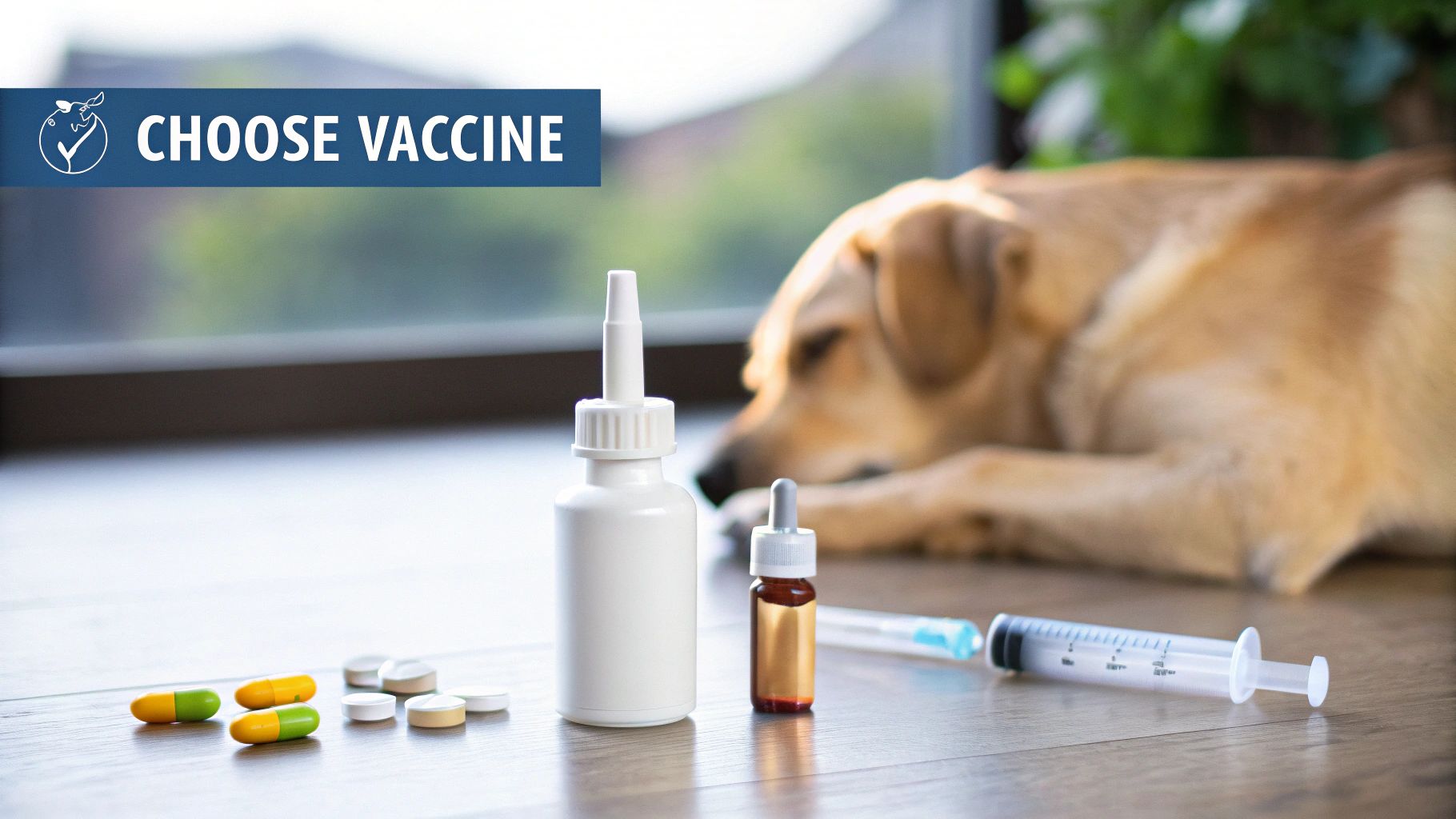 A golden retriever dog rests near a collection of pet medications, including pills, bottles, and a syringe.
