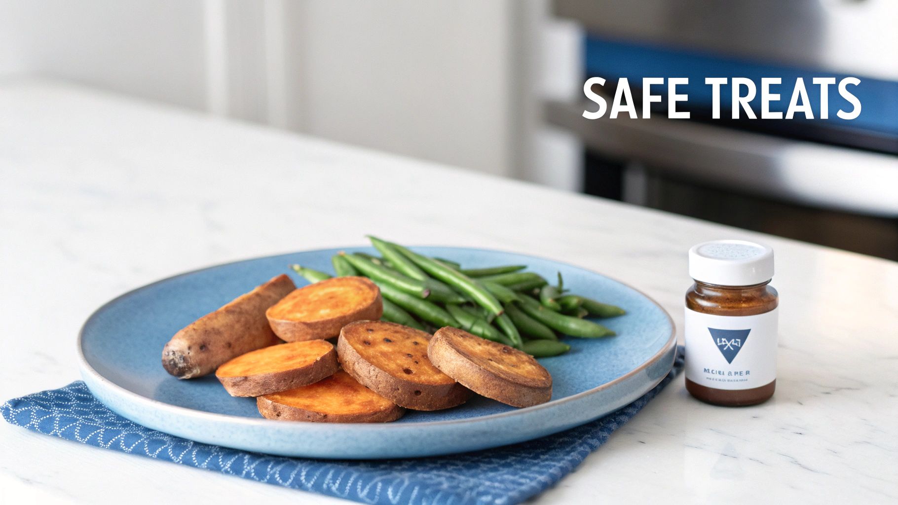 A plate of roasted sweet potatoes and green beans with a small bottle, labeled 'SAFE TREATS'.