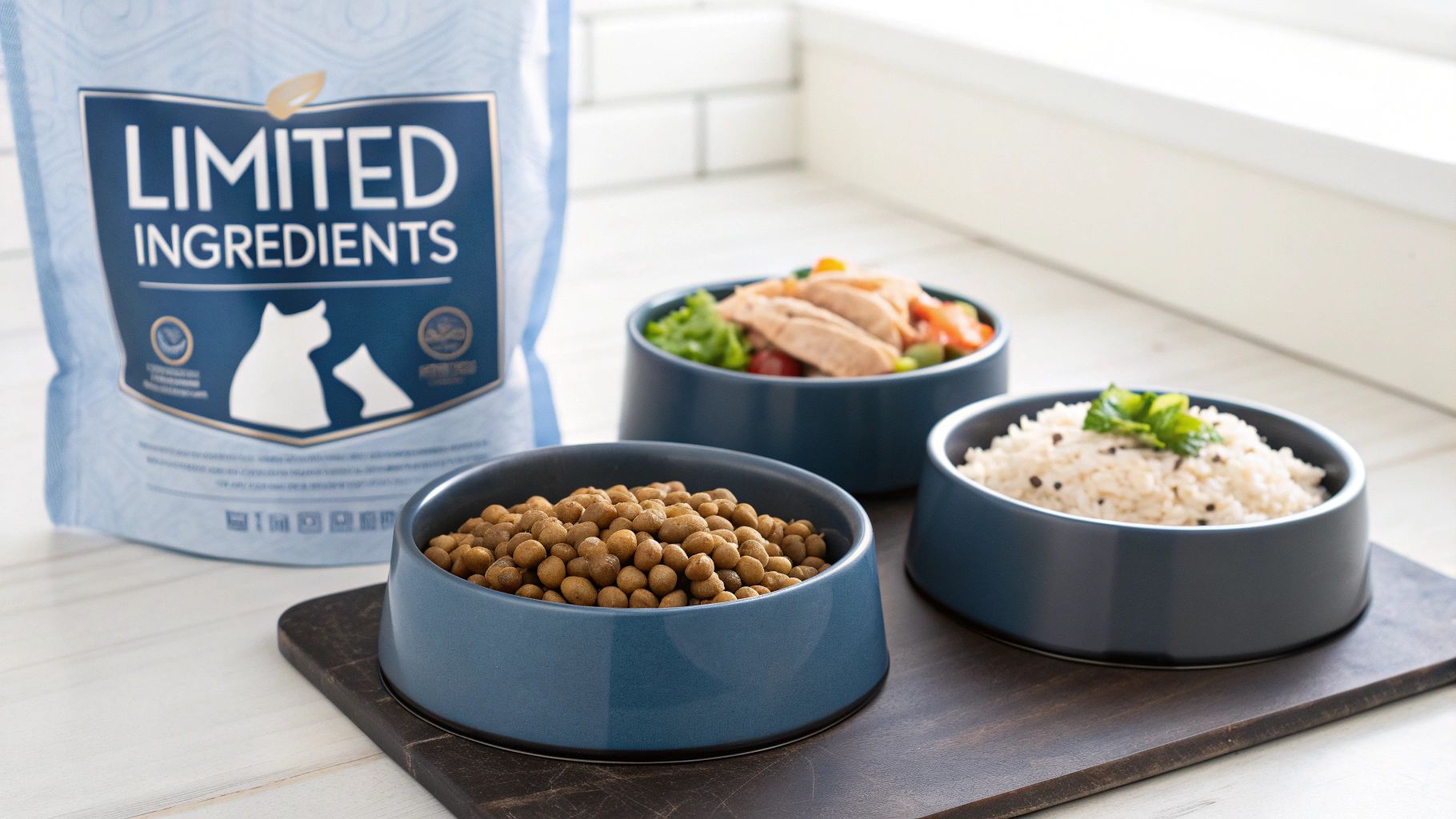 Variety of pet foods for sensitive stomachs: kibble, chicken and vegetables, and rice with herbs, beside a 'Limited Ingredients' bag.