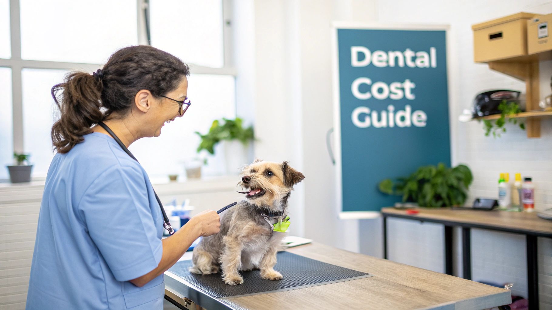 A smiling veterinarian examines a small terrier dog on an examination table, with a dental sign.